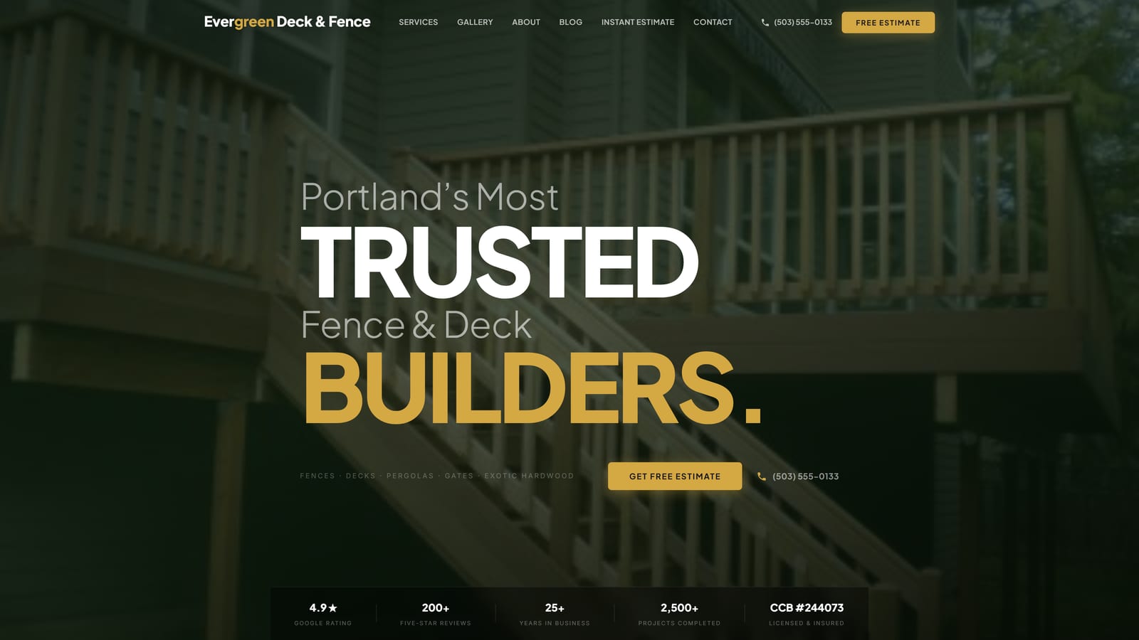 Evergreen Deck & Fence website — desktop homepage