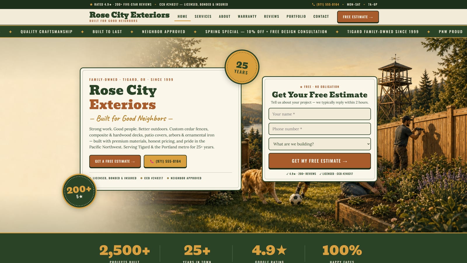 Rose City Exteriors website — desktop homepage