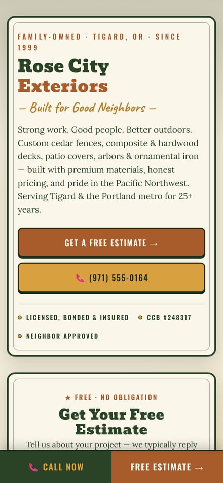 Rose City Exteriors website — mobile view