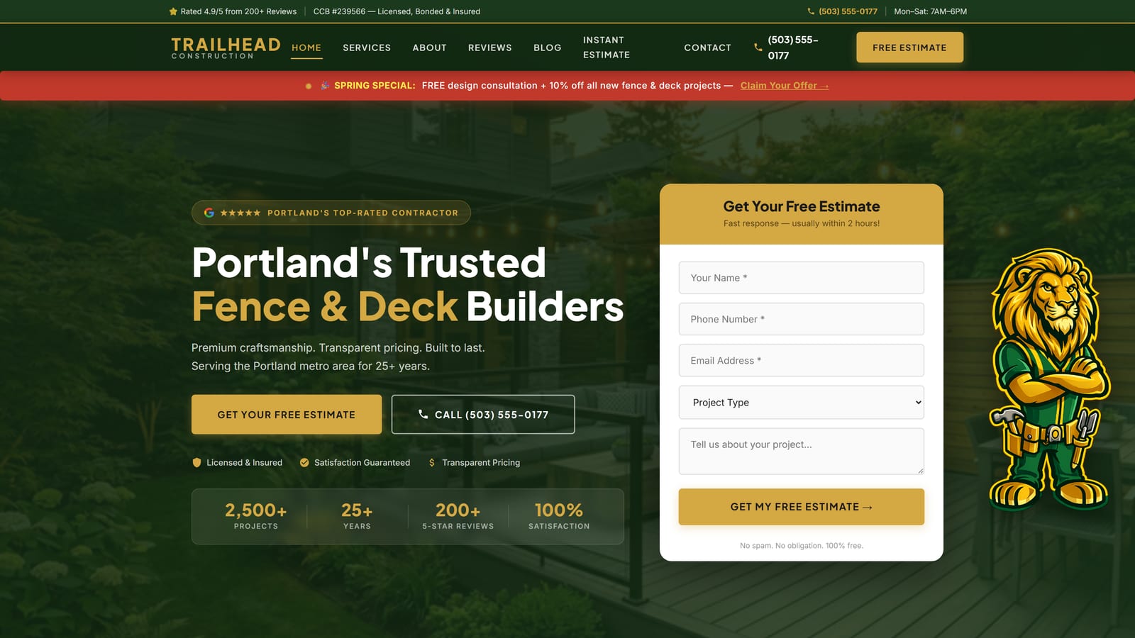 Trailhead Construction website — desktop homepage